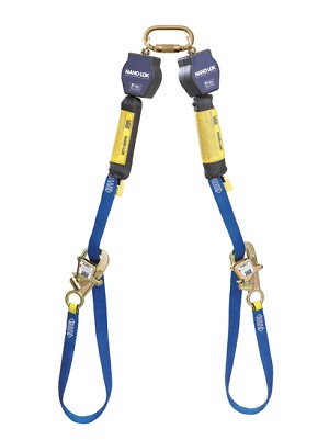 DBI/SALA 9' Nano-Lok Tie-Back Twin Leg Self-Retracting Nylon Web Lifeline With WRAPABAX Gated Snap Hook And Quick Connector 