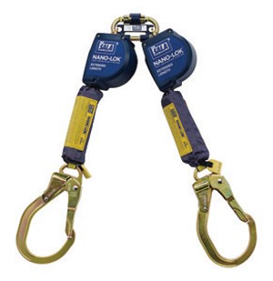 DBI/SALA 9' Nano-Lok Extended Length Twin-Leg Quick Connect Self Retracting Dyneema Fiber And Polyester Web Lifeline With Steel Locking Rebar Hooks And Quick Connector For Harness Mounting 