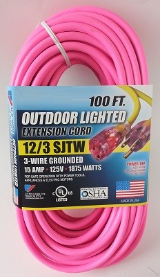 Greentech Power Extension Cord Custom Printed 100 Foot 12 Gauge Pink 