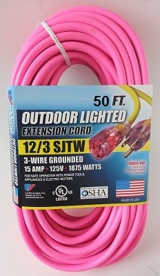 Greentech Power Extension Cord Custom Printed 50 Foot 12 Gauge Pink 